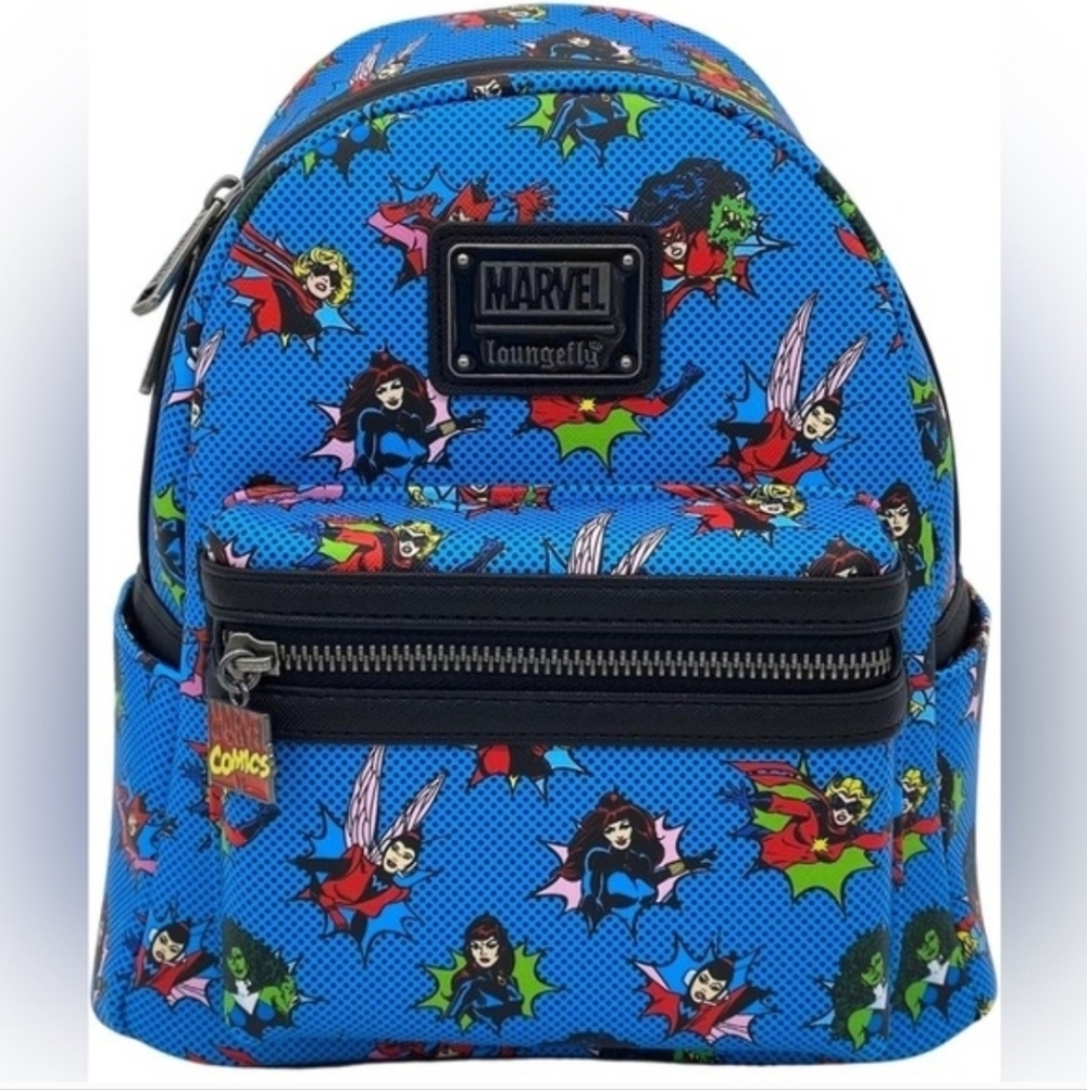 NEWLoungefly Blue Marvel Superhero Mini Backpack with Multicolor Comic Print Nwt